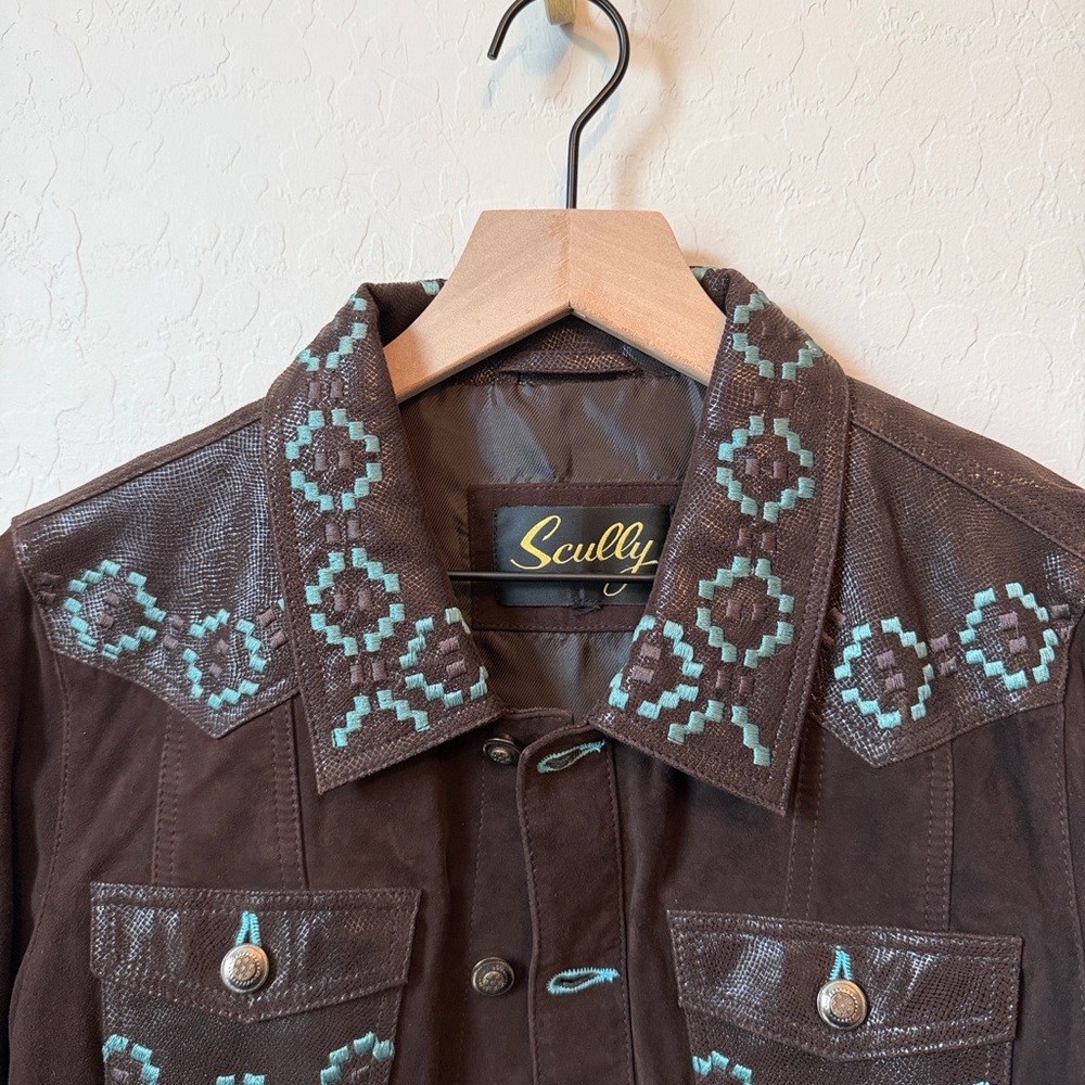Scully Embroidered Western Leather Jacket Brown Turquoise Size Small - Picture 2 of 8